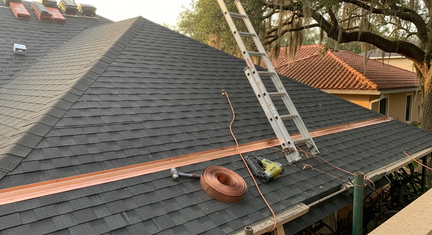 Professional roofer installing residential shingles on a home in northeast Florida