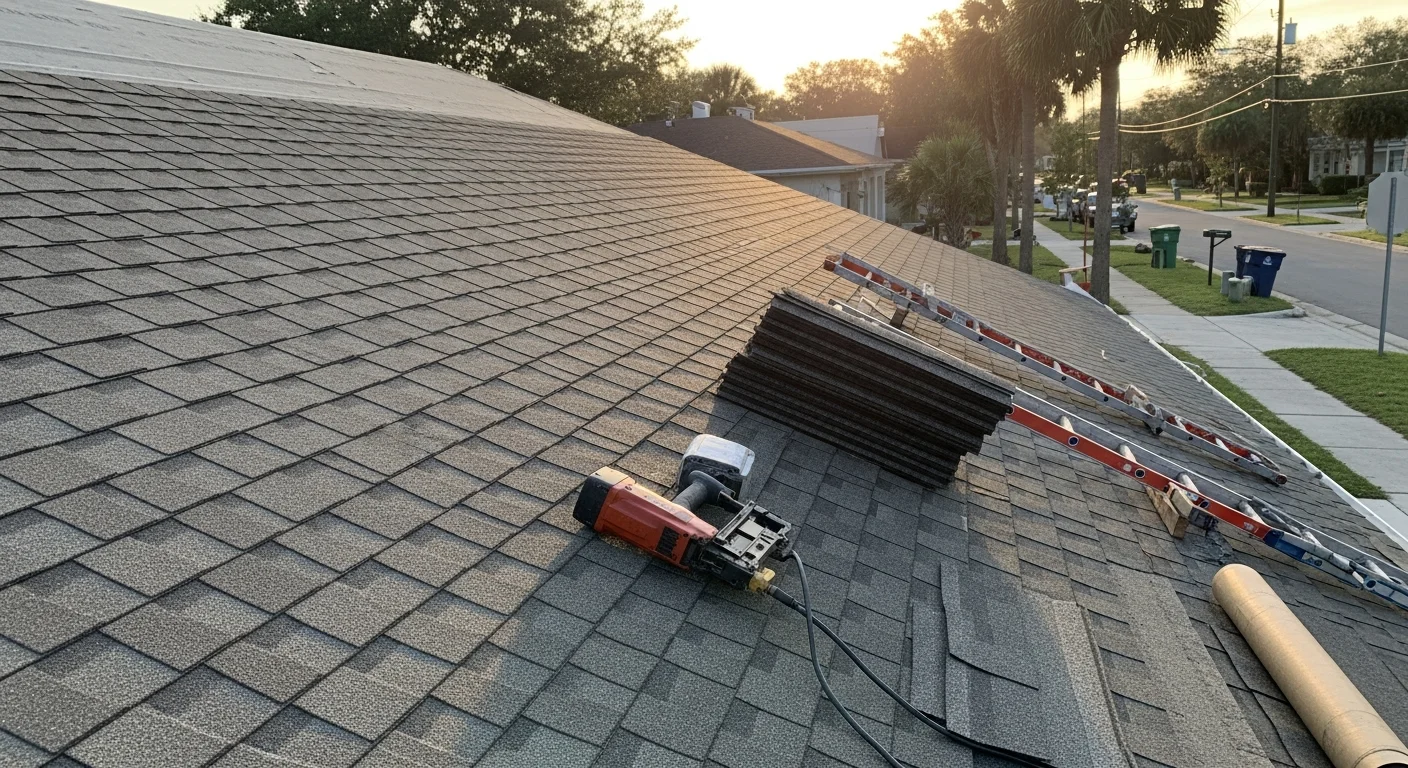 Stack of asphalt shingles and roofing materials ready for installation