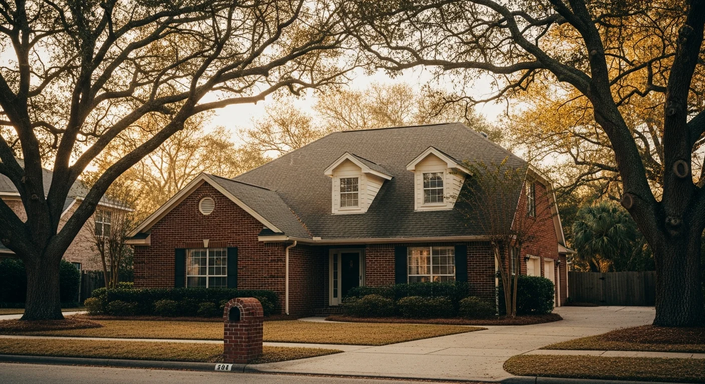 Residential home in Jacksonville neighborhood with mature trees and brick exterior.