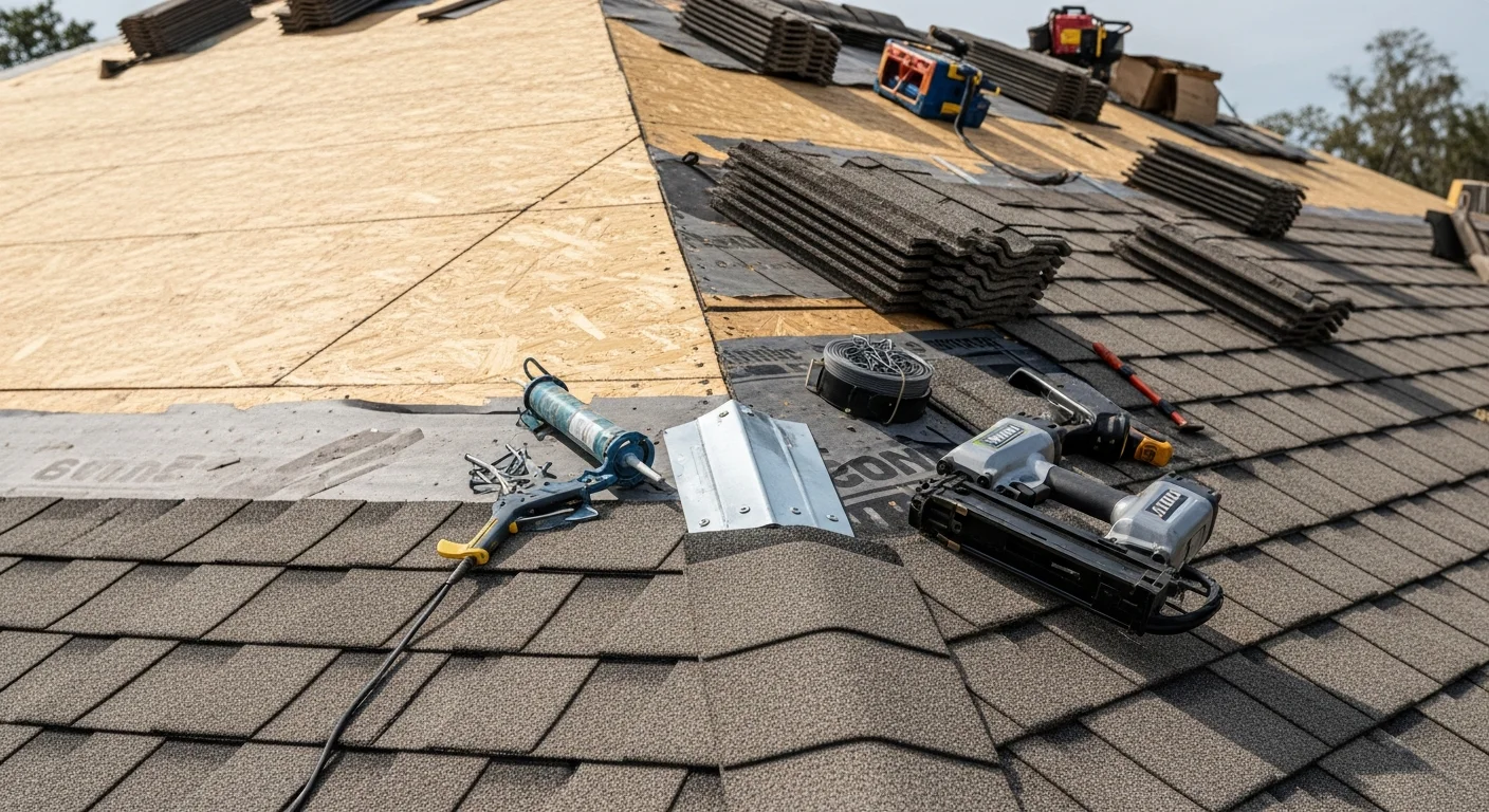 Newly installed architectural shingles on a single-family home in Duval County, Florida, showing a dimensional layered profile with clean ridge lines and properly sealed flashing around roof penetrations.