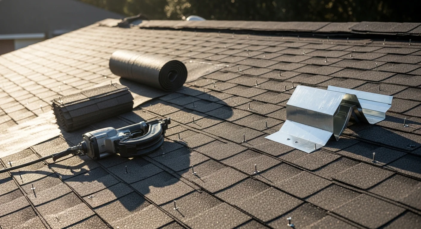 Newly installed asphalt shingles on a single-story residential home in Duval County, Florida, showing uniform shingle alignment and completed ridge cap against a clear sky. Close-up view of the roof field and drip edge detail following Florida Building Code installation standards.