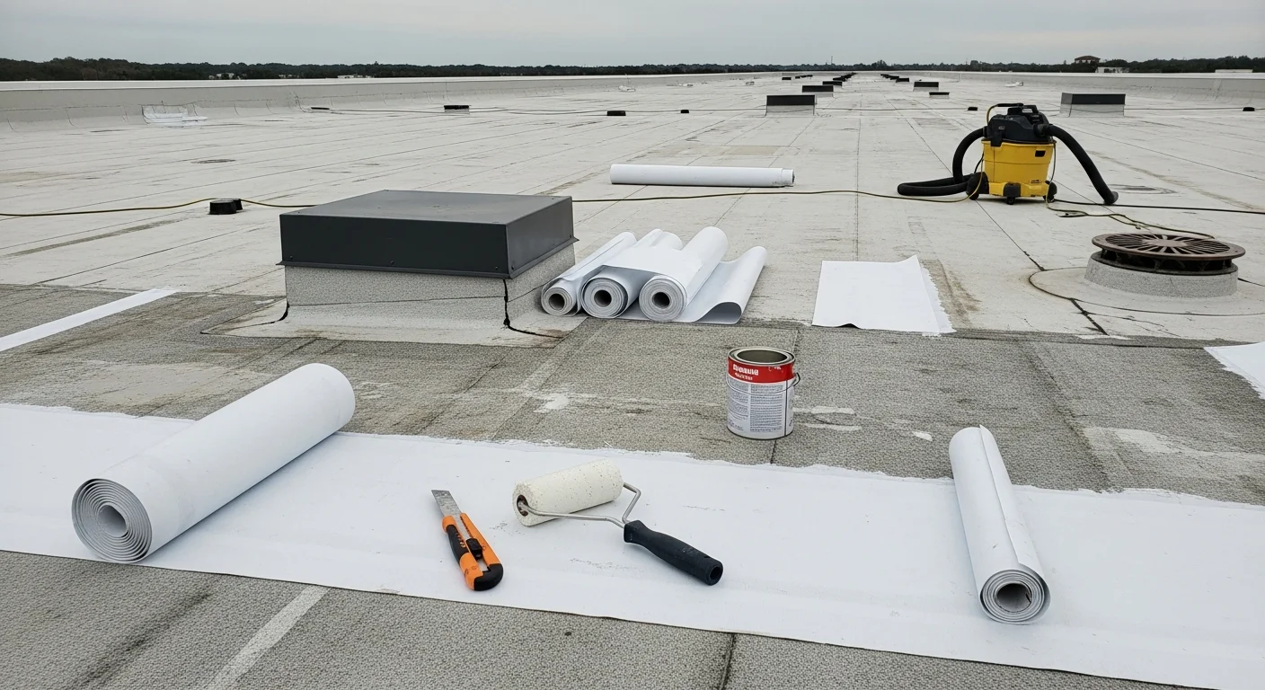 A commercial flat roof on a Jacksonville, Duval County business building showing a completed membrane repair with sealed flashing around an HVAC unit. The repaired roof surface is clean and water-tight under Florida's bright sun.