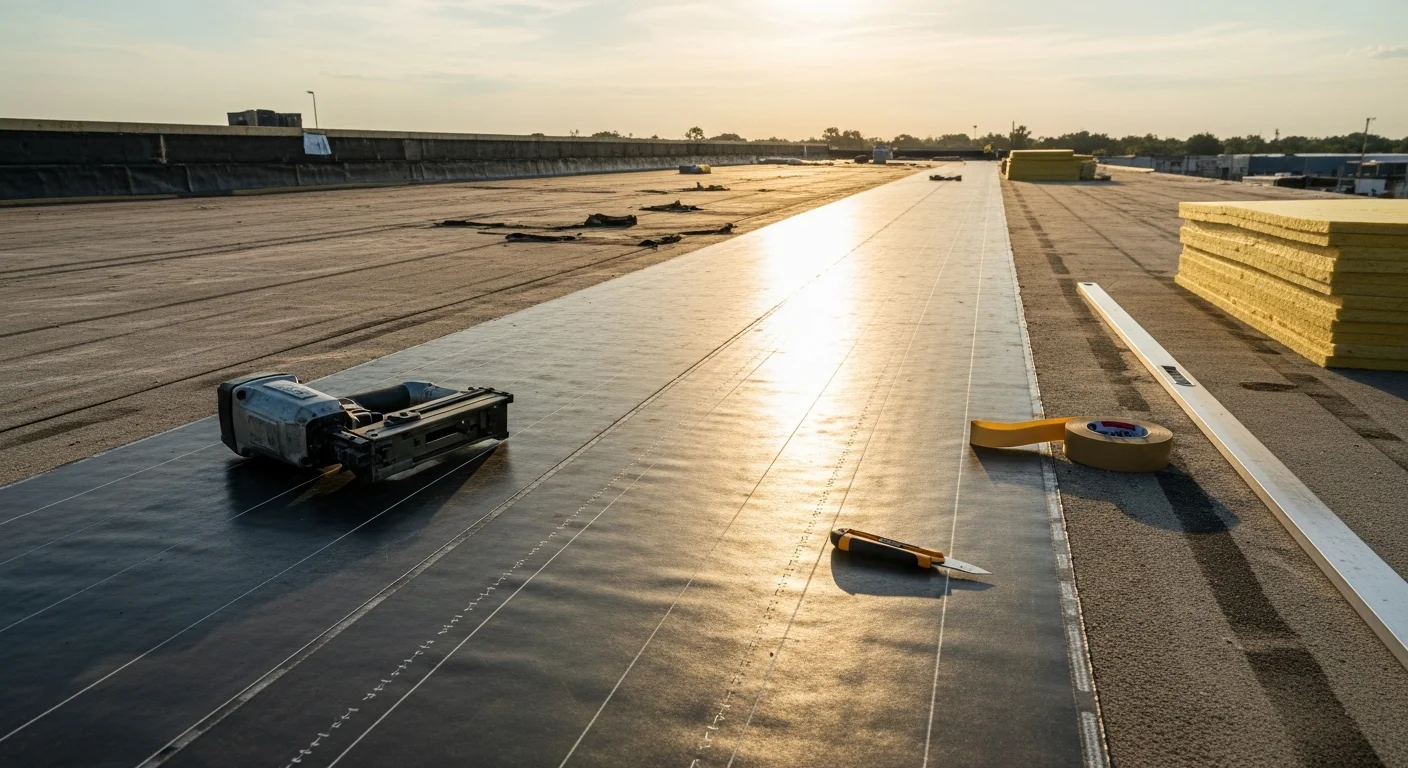 A completed commercial flat roof replacement on a low-slope commercial building in Duval County, Florida, showing a clean membrane surface with properly sealed seams and drainage points. The Jacksonville skyline and clear blue sky are visible in the background.