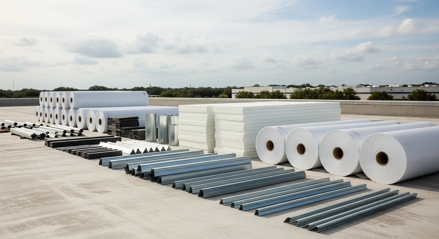 Commercial flat roof on a Jacksonville, Florida warehouse showing a light-colored membrane roofing system installed across a large low-slope surface. Duval County industrial building exterior visible in the background under a clear Florida sky.