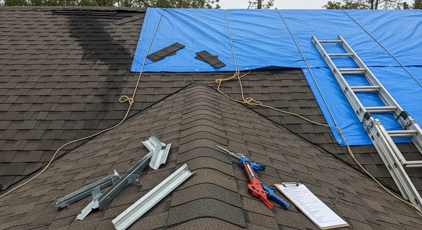 A licensed roofer from All South Roofing securing heavy-duty tarping over a storm-damaged roof on a residential home in Duval County, FL. Missing shingles and exposed decking are visible along the damaged roof section following a hurricane-season wind event.
