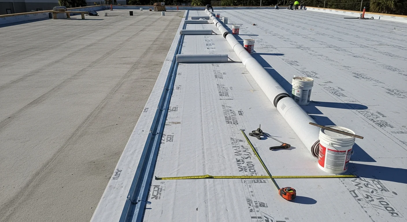 A completed flat roof installation on a residential property in Duval County, Florida, showing a smooth membrane surface with proper drainage slope and sealed seams. The surrounding landscape reflects the coastal Northeast Florida setting.