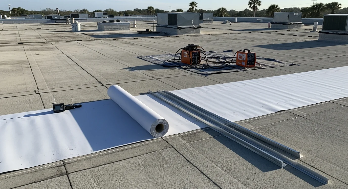 Completed low-slope membrane roofing installation on a commercial building in Duval County, Florida, showing a smooth, heat-welded surface with visible drainage outlets and clear sky overhead. Close-up view of sealed seams and roof edge termination detail on a flat roof section typical of Northeast Florida construction.