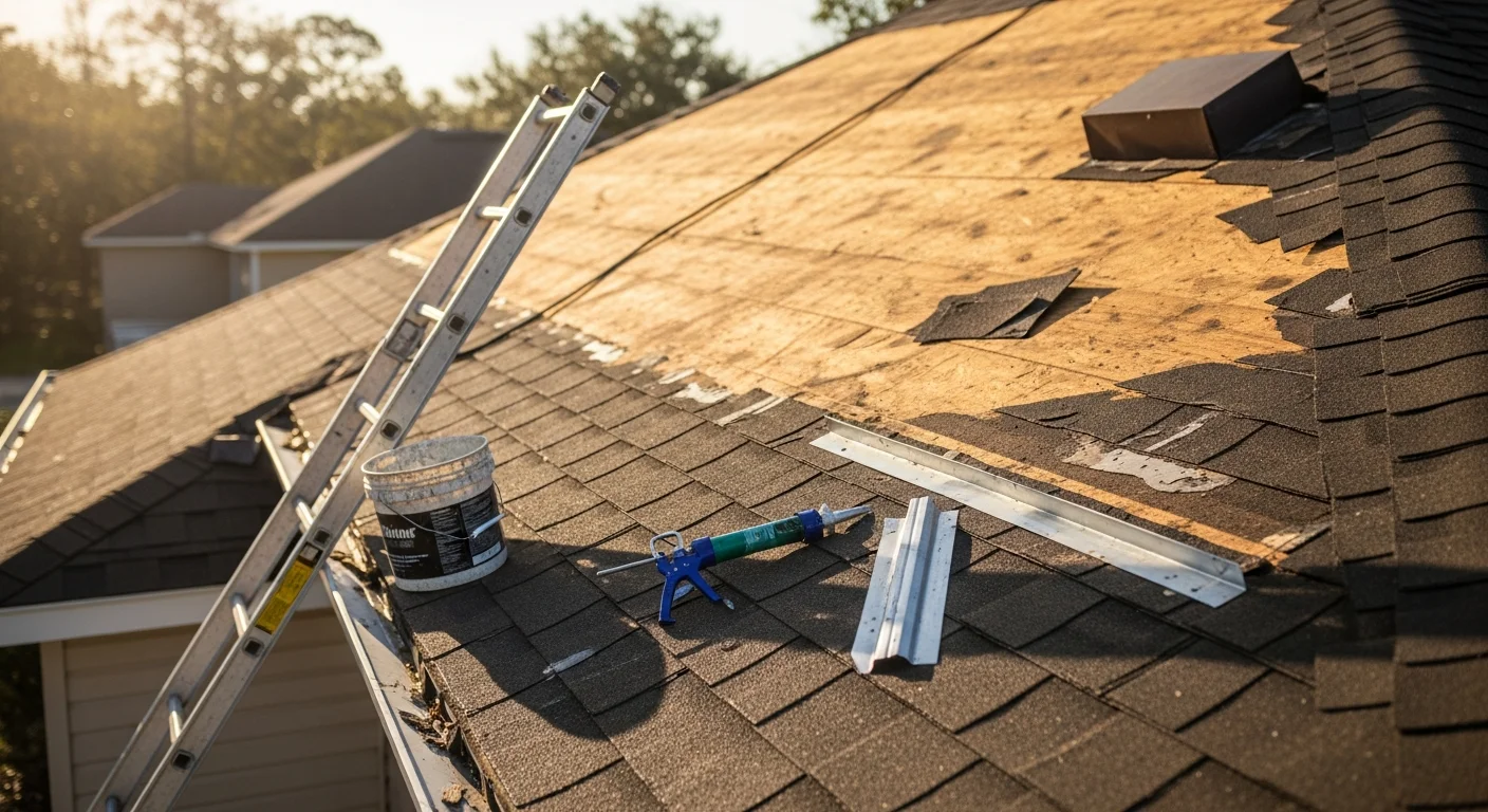 A residential rooftop in Duval County, Florida showing a completed shingle repair with replaced sections blending into the existing roof field. A roofing contractor inspects the finished flashing seal around a roof penetration on a single-family Jacksonville home.