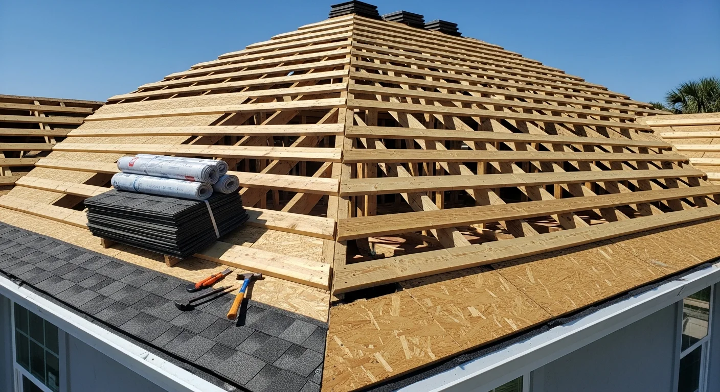 A completed residential roof replacement on a single-family home in Duval County, Florida, showing new roofing installed across the full deck with clean ridge lines and updated flashing. The home sits in a Jacksonville-area neighborhood typical of Northeast Florida residential construction.