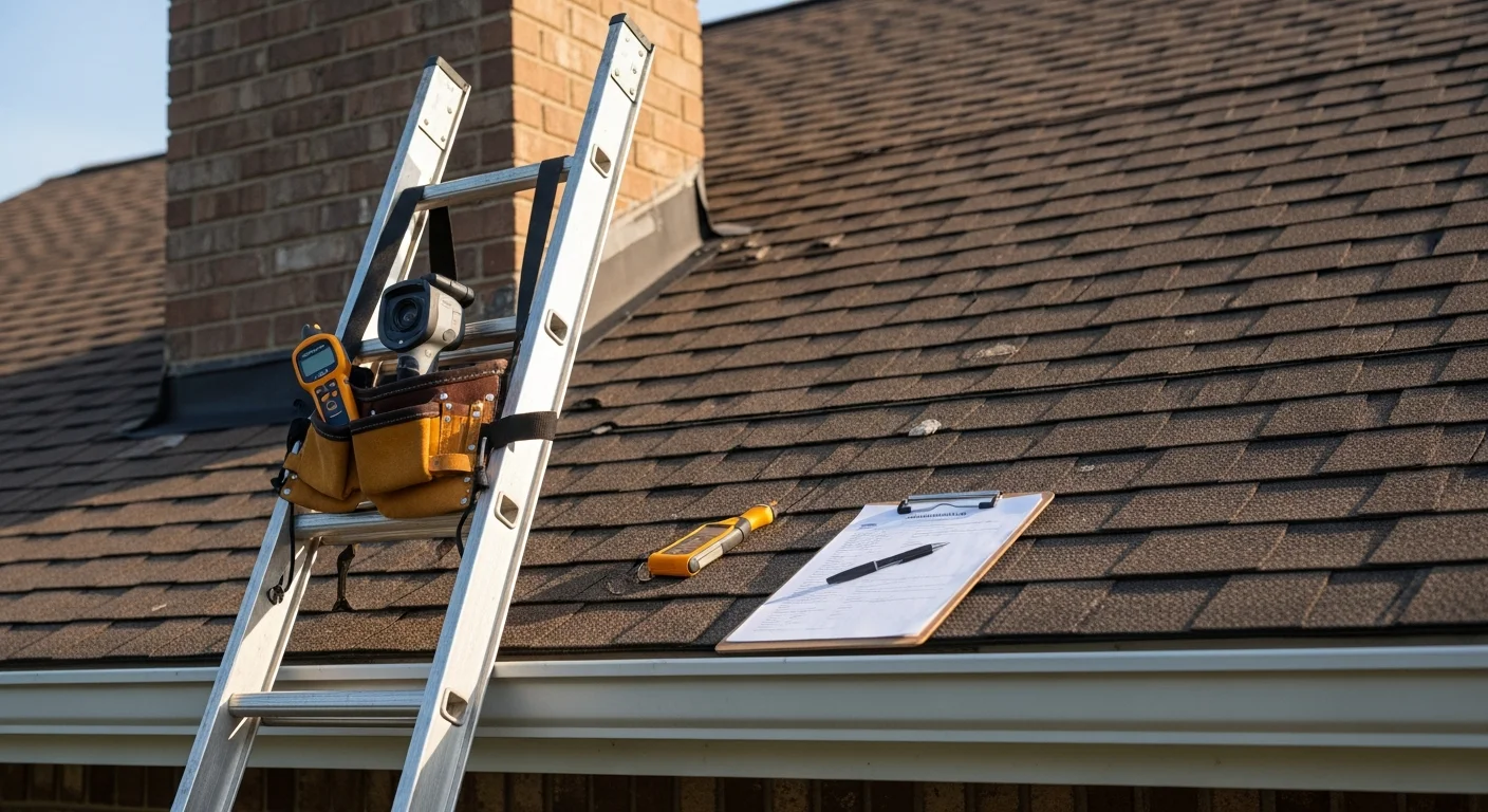 A licensed All South Roofing contractor inspecting shingles and flashing on a residential roof in Duval County, FL. The inspector documents findings on a clipboard with a Jacksonville-area neighborhood visible in the background.