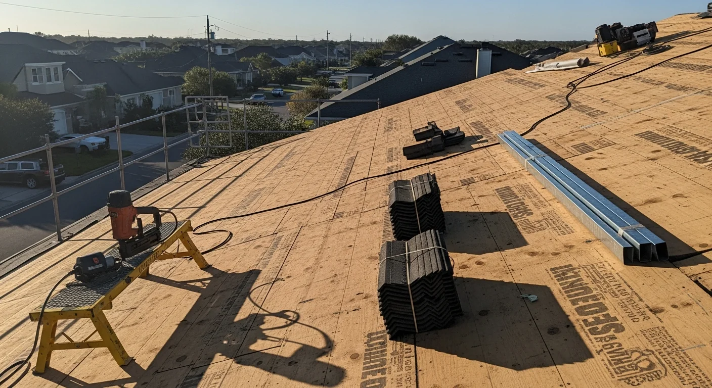 A completed residential roof replacement on a single-family home in Duval County, FL, showing new roofing installed over a repaired deck with updated flashing at the ridge and eaves. The surrounding Jacksonville neighborhood is visible in the background.