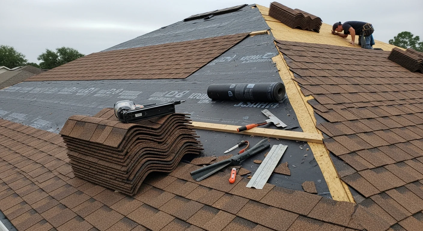 Freshly installed wind-rated shingles on a single-family home in Duval County, Florida, with new drip edge and ridge cap visible against a clear sky. Roofing crew completing final shingle course on a residential roof replacement in Jacksonville, FL.